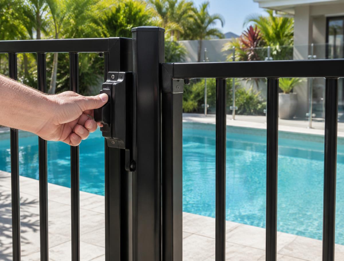 Pool safety gate latch being checked during an inspection